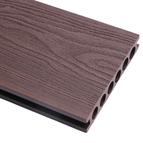 广东塑木地板生产厂商供应咖啡色圆孔木纹户外地板